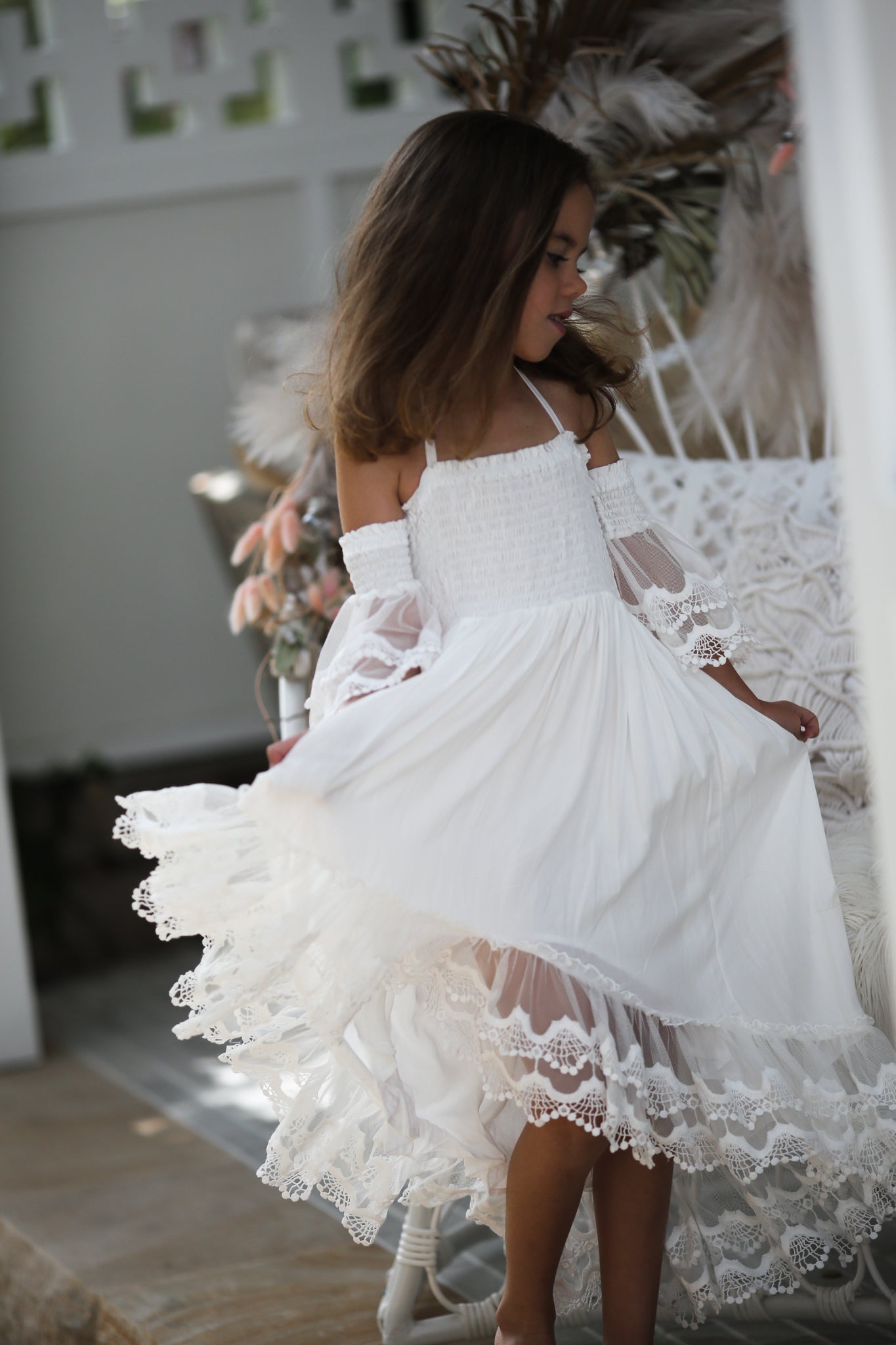 Maya - Ivory Girls Dress with Lace Sleeves